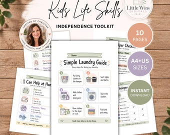 May include: A printable Kids Life Skills Independence Toolkit featuring ten pages of instructional guides and checklists. The documents include a Simple Laundry Guide with six numbered steps, an I Can Help at Home chart, and a Helper Checklist.