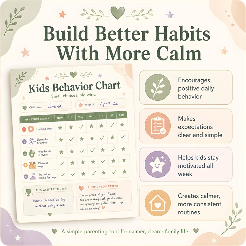 Positive Discipline Routine Chart Kids Behavior Chart Printable, Responsibility Chart for Kids, Weekly ...