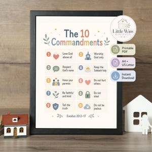Peut inclure: Une affiche encadrée présentant "Les 10 Commandements" avec des illustrations et du texte colorés. L'affiche comprend le texte "Aime Dieu par-dessus tout", "Adore Dieu seul", et d'autres commandements. L'affiche est conçue pour un téléchargement instantané.