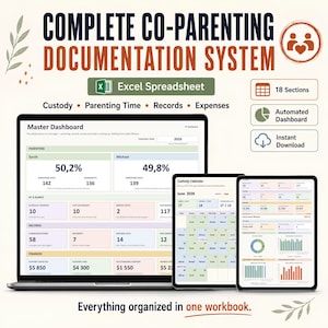 Può includere: Un sistema digitale di documentazione per la co-genitorialità visualizzato su un portatile e due tablet. Lo schermo mostra una dashboard principale, un calendario per l'affidamento e registri finanziari con grafici, tabelle e testo.