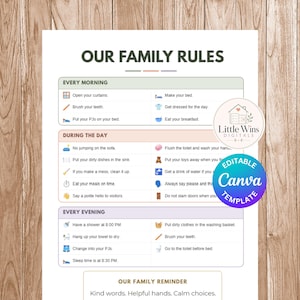 May include: A printable family rules chart titled Our Family Rules, organized into sections for Every Morning, During the Day, and Every Evening with icons and text instructions. Includes a bottom section titled Our Family Reminder with the text Kind words. Helpful hands. Calm choices. Features a Little Wins Digitals logo and an Editable Canva Template badge.