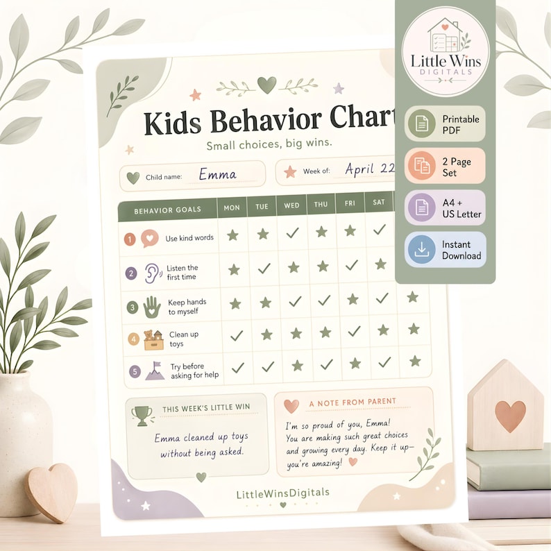 Kids Behavior Chart Printable, Responsibility Chart for Kids, Weekly ...