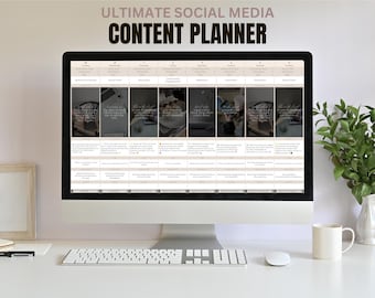 Puede incluir: Una pantalla de ordenador que muestra un planificador de contenido para redes sociales con un diseño de cuadrícula. El planificador incluye secciones para diferentes tipos de contenido, como detrás de escena, citas y compromiso. El planificador se titula "Ultimate Social Media Content Planner".