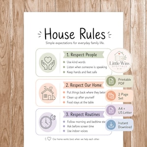 May include: A printable poster with the text "House Rules" and simple expectations for family life. The poster includes sections on respecting people, home, and routines, with bullet points for each. Includes a "Little Wins Digitals" logo.