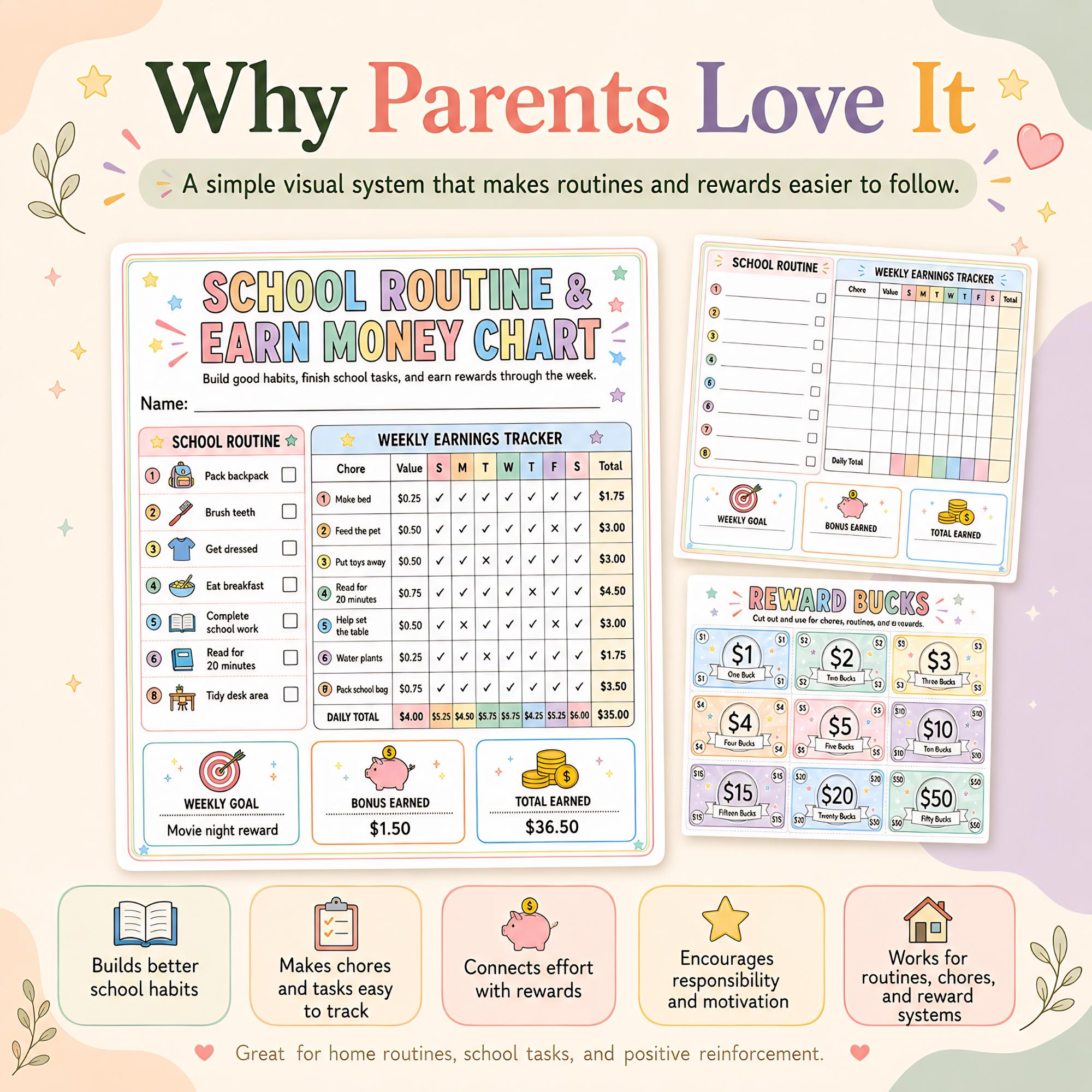 School Routine & Earn Money Chart for Kids, Chore Tracker, Reward Bucks ...