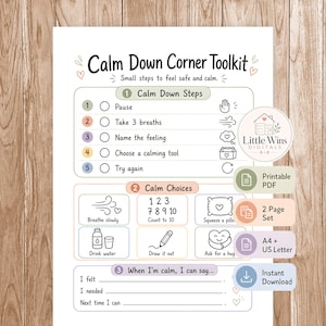 Könnte beinhalten: Ein druckbares Calm Down Corner Toolkit mit weißem Hintergrund und farbigem Text. Das Toolkit enthält Schritte, um sich sicher und ruhig zu fühlen, ruhige Entscheidungen und einen Abschnitt zum Ausfüllen von Gefühlen. Enthält ein druckbares PDF und einen sofortigen Download.