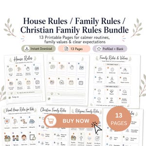May include: A digital bundle of 13 printable pages titled House Rules, Family Rules, and Christian Family Rules. The pages feature numbered lists with line-art icons representing daily expectations, values, and routines for a household.
