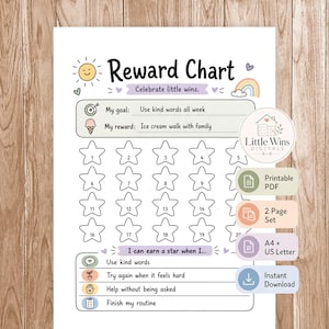 Pode incluir: Um gráfico de recompensas imprimível com um sol, um arco-íris e corações. O gráfico inclui espaço para estrelas, metas e recompensas. O texto inclui "Gráfico de recompensas", "Celebre pequenas vitórias" e "Eu posso ganhar uma estrela quando..."