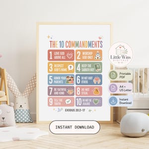 Może przedstawiać: Oprawiony plakat z "10 Przykazaniami" z kolorowymi ilustracjami i tekstem. Plakat zawiera tekst "Natychmiastowe pobieranie" na dole i logo "Little Wins Digitals".