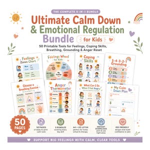 May include: A 50-page printable bundle titled Ultimate Calm Down & Emotional Regulation Bundle for Kids, featuring charts and tools like a Feelings Wheel, Anger Thermometer, and 5-4-3-2-1 Grounding guide with colorful illustrations and text.