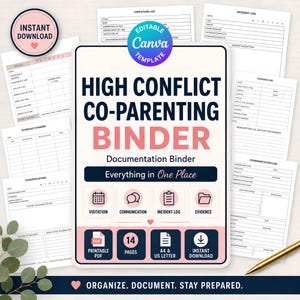 May include: A high conflict co-parenting binder documentation template featuring a white cover with dark blue and pink text. The layout includes sections for visitation, communication, incident logs, and evidence, with 14 pages in A4 and US Letter sizes.