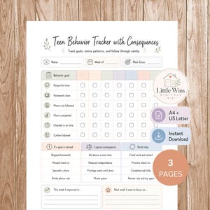 May include: A printable Teen Behavior Tracker with Consequences chart featuring sections for name, week, and main focus. The grid includes rows for behavior goals like homework and chores, with columns for daily check-offs and a section for logical consequences.