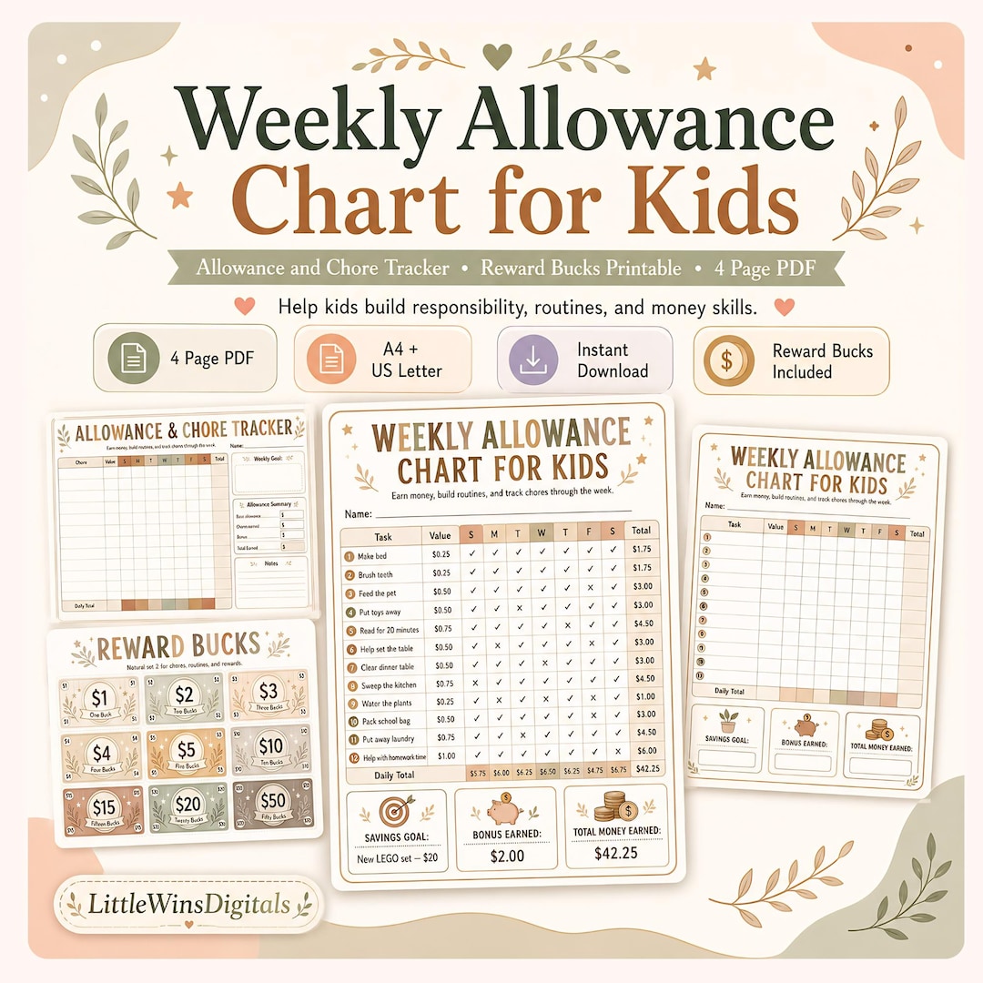 Weekly Allowance Chart for Kids, Allowance and Chore Tracker, Reward ...