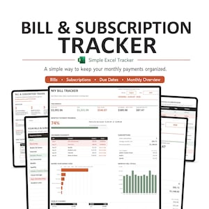 Könnte beinhalten: Eine digitale Tabellenkalkulationsvorlage zur Nachverfolgung von Rechnungen und Abonnements für Excel. Die Benutzeroberfläche zeigt monatliche Zahlungsfortschritte, anstehende Zahlungen, Abonnements und Finanzdiagramme mit dem Text Bill & Subscription Tracker.