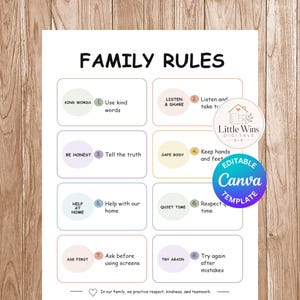 May include: A white printable sign titled FAMILY RULES with eight numbered points including Kind Words, Listen and Share, Be Honest, Safe Body, Help at Home, Quiet Time, Ask First, and Try Again. It features pastel circles and a footer text.