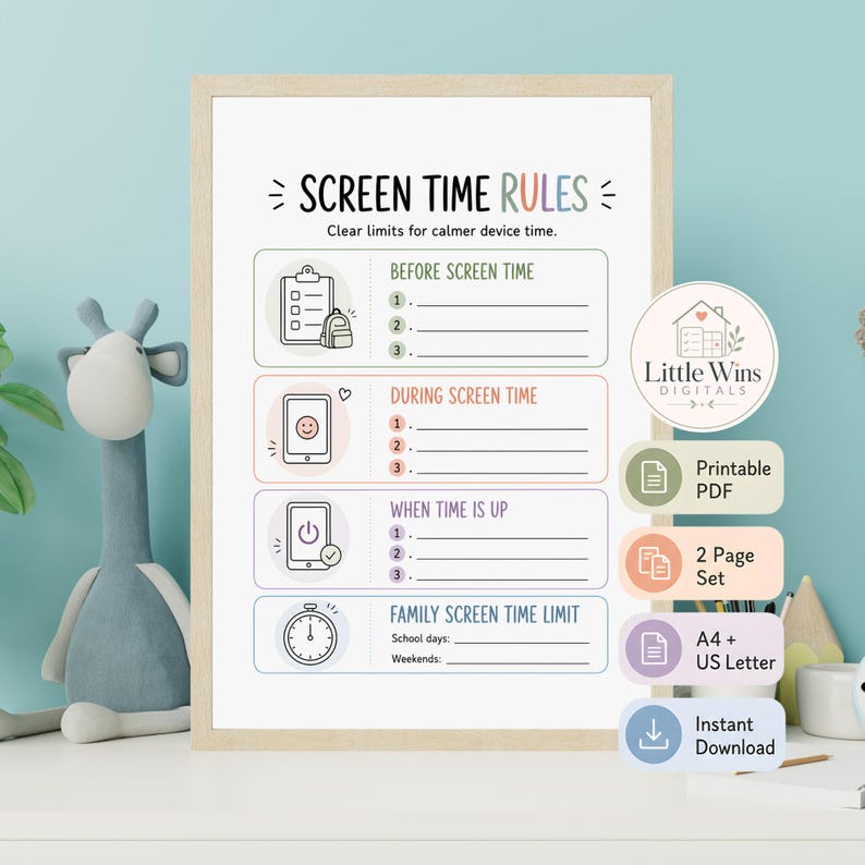 Screen Time Rules Chart for Kids, Device Rules Printable, Phone Tablet ...