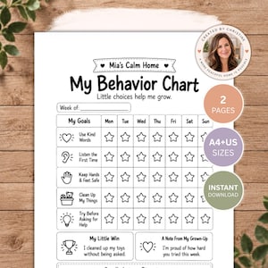 Könnte beinhalten: Ein weißes Verhaltensdiagramm mit dem Titel Mia's Calm Home und einem Raster zur Verfolgung täglicher Ziele wie freundliche Worte, Zuhören und Aufräumen. Es enthält Sternsymbole zur Fortschrittskontrolle sowie einen Bereich für Notizen.
