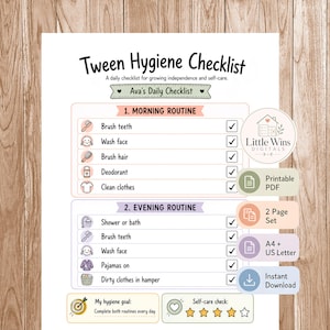 May include: A printable Tween Hygiene Checklist featuring morning and evening routines with icons for tasks like brushing teeth, washing face, and using deodorant. The document includes a section for hygiene goals and a self-care check with star ratings.