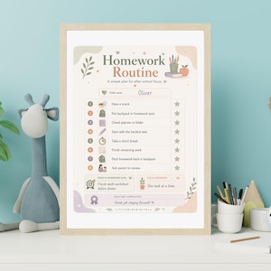 May include: A framed "Homework Routine" chart with a light wood frame. The chart has a pastel color scheme and includes a checklist for after-school tasks. The child's name, Oliver, is written on the chart. The chart also includes the text "LITTLEWINEDIGITALS".