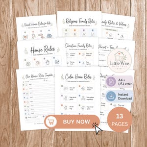 May include: A collection of thirteen printable house rule templates featuring minimalist line art icons and text. The pages include titles like Visual House Rules for Kids, Religious Family Rules, and Calm Home Rules, with sections for family goals and values.