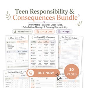 May include: A digital bundle of 10 printable pages titled Teen Responsibility & Consequences Bundle, featuring charts and contracts for phone rules, screen time, and chores with a soft color palette of muted orange, blue, and green accents.