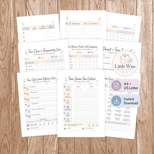 May include: A collection of printable documents including a Teen Chore and Responsibility Chart, Teen Behavior Tracker, Teen Self-Control Reflection Sheet, and Teen Screen Time Contract, featuring pastel accents and the Little Wins Digitals logo.