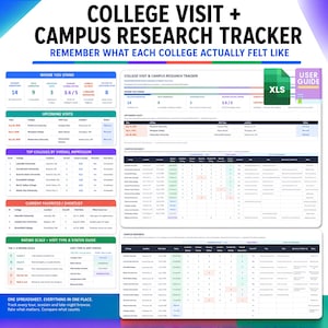 May include: A digital college visit and campus research tracker spreadsheet template. The layout includes sections for tracking upcoming visits, top colleges by overall impression, a current favorites shortlist, and a rating scale guide.
