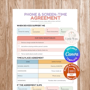 May include: A printable phone and screen-time agreement document featuring sections for device usage, non-negotiables, and time and place expectations. The layout includes colorful boxes, checkboxes, and text headers, with circular badges indicating it is an editable Canva template and a prefilled PDF.