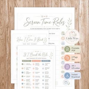 May include: A set of printable screen time rules, including "Screen Time Rules," "How I Earn It Back," and "If I Break the Rule..." The documents are white with green and grey accents, and feature floral designs. Includes a "Printable PDF" icon.