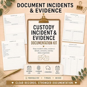 以下が含まれることがあります： CUSTODY INCIDENT & EVIDENCE DOCUMENTATION KITというタイトルのクリップボードを中心に、インシデントログや証拠ログなどの印刷可能なフォームが配置された、親権に関するインシデントおよび証拠のドキュメント作成キット。