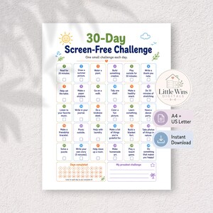 Reto de 30 días sin pantallas para niños, calendario de actividades de verano, actividades diarias para combatir el aburrimiento, PDF imprimible en formato A4 (carta estadounidense).