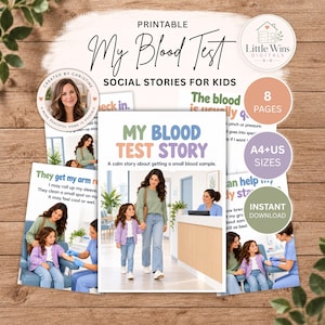 以下が含まれることがあります： 「My Blood Test Story」と題された印刷可能なソーシャルストーリードキュメント。医療機関にいる子供と大人のイラストが描かれています。A4およびUSレターサイズの全8ページで、子供向けの採血プロセスを説明するテキストが含まれています。