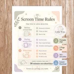 May include: A printable screen time rules chart with a soft color palette. The chart includes sections for before, during, and after screen time, with bullet points for each. The text includes "Little Wins Digitals" and "Instant Download".