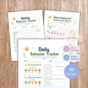 May include: Three printable behavior tracking sheets featuring a Weekly Behavior Tracker, a What Happened? Reflection Sheet, and a Daily Behavior Tracker. The documents include colorful sun and cloud icons, check-boxes, and text fields for A4 and US Letter.