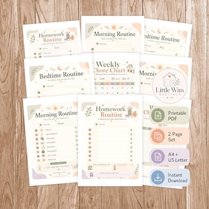 May include: A collection of printable routine charts and chore charts. The designs include "Homework Routine", "Morning Routine", and "Bedtime Routine" templates. The color palette is soft, with pastel tones and botanical illustrations. The charts are designed for children.
