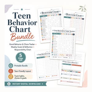 May include: A Teen Behavior Chart Bundle with a teal and coral color scheme. The bundle includes a printable PDF with a teen-friendly layout for tracking habits, chores, and goals. The image shows several pages of behavior charts.
