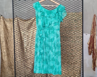 Vintage 1980s Emerald Green Frilly Sheer Dress with Ruffles. Size S