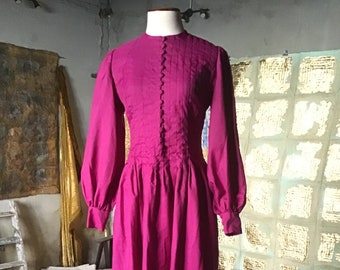 Stunning 1970s Vibrantly Unique Magenta Maxi Dress with Beautiful Bishop Sleeves. Size S
