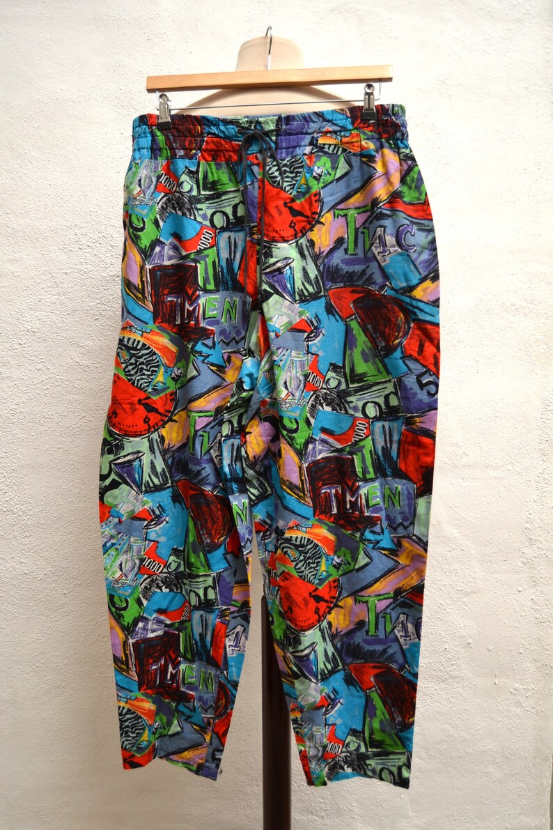 Draw String Waist Large SIze Medium Funky UNISEX Vintage 1980/'s High Waisted PANTS with a Fabulous PRINT