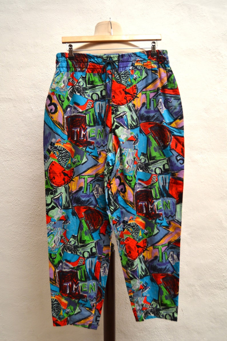 Draw String Waist Large SIze Medium Funky UNISEX Vintage 1980/'s High Waisted PANTS with a Fabulous PRINT