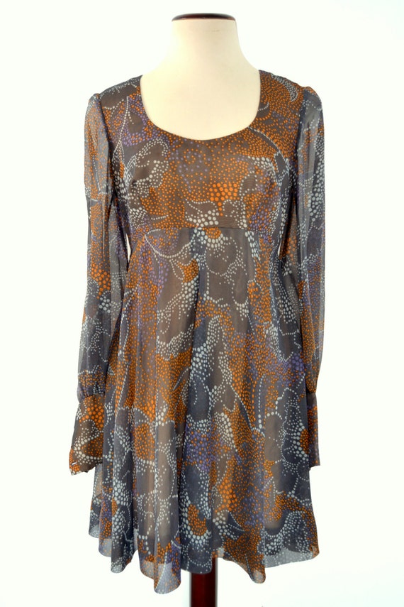 60s CHIFFON EMPIRE Waist DRESS with Bishop Sleeves