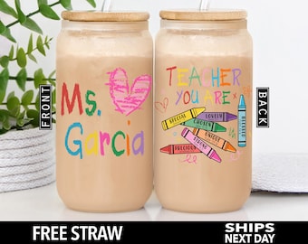 Personalized Teacher Cup, Custom Name Teacher Glass Tumbler, Cute Teacher Appreciation Iced Coffee Cup, Bible Verses Christian Teacher