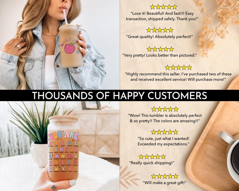 K&ouml;nnte beinhalten: Zwei Edelstahlbecher mit Deckel und Strohhalmen. Ein Becher hat ein rosafarbenes Apfeldesign mit dem Text "You Are" und der andere ein buntes Alphabetdesign mit dem Text "You Are". Die Becher stehen auf einer Holzoberfl&auml;che mit positiven Kundenbewertungen.