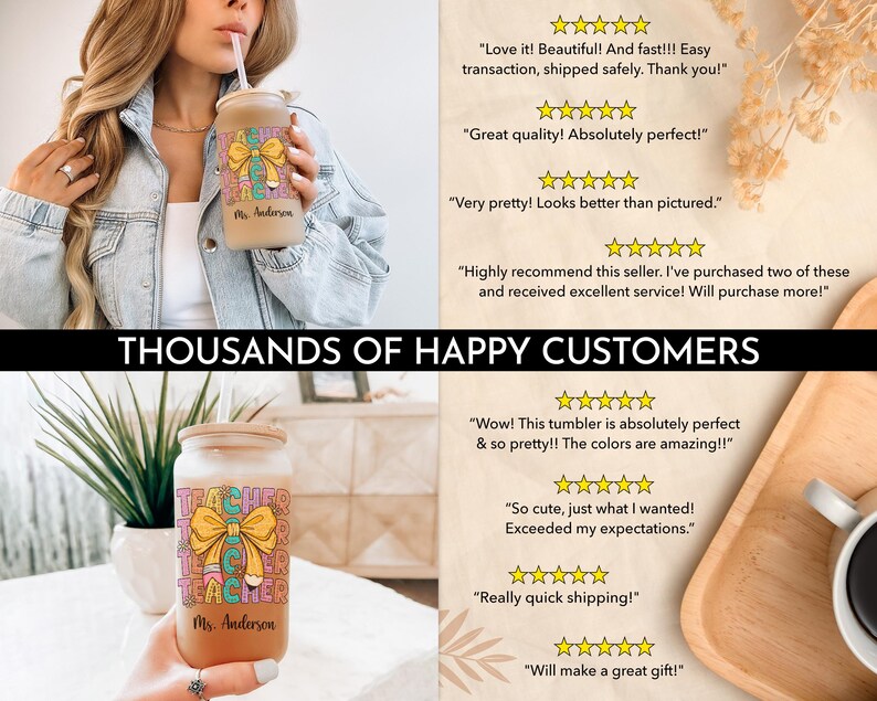 May include: A personalized teacher tumbler with a yellow bow and the words "Teacher" repeated in a colorful pattern. The tumbler is made of clear glass with a brown lid and a straw. The tumbler is personalized with the name "Ms. Anderson".