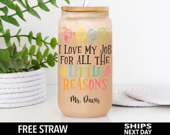 Personalized Daycare Teacher Cup, Custom Daycare Provider Glass Tumbler, Cute Day Care Toddler Teacher Appreciation Iced Coffee Cup