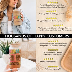 May include: A colorful tumbler with the text "Daycare Days" and a list of reasons why daycare is "rockin". The tumbler is made of clear glass with a white lid and a straw. The tumbler is sitting on a wooden surface.