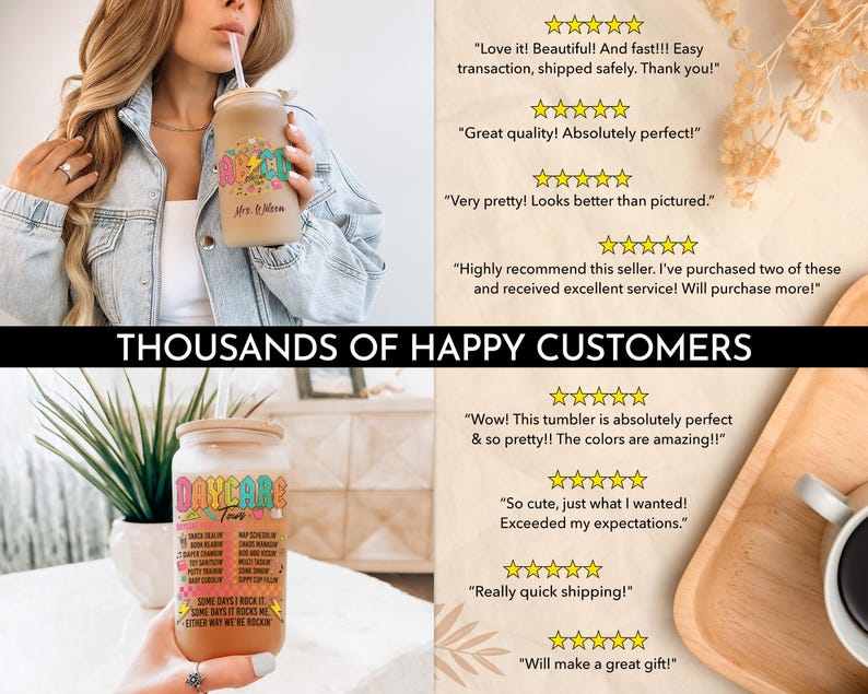 May include: A colorful tumbler with the text "Daycare Days" and a list of reasons why daycare is "rockin". The tumbler is made of clear glass with a white lid and a straw. The tumbler is sitting on a wooden surface.