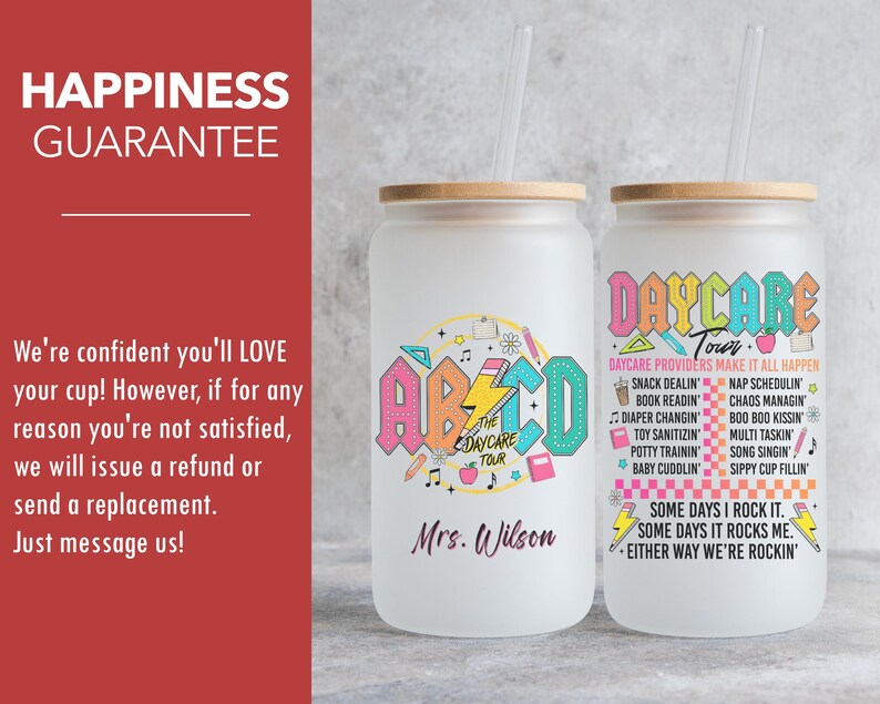 May include: Two white tumblers with a wood lid and a straw. The tumbler on the left has a colorful ABC design with the text "The Daycare Tour" and "Mrs. Wilson". The tumbler on the right has the text "Daycare Tour" and a list of daycare provider duties. The text "Some days I rock it. Some days it rocks me. Either way we're rockin'" is at the bottom.