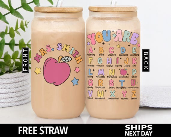 Personalized Teacher Cup, Custom Name Teacher Glass Tumbler, Cute Teacher Appreciation Iced Coffee Cup, Retro Teacher Thank You Gifts