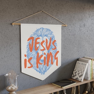 Jesus is King Canvas Wall Banner, Christian Wall Decor, Lion of Judah Art, Scripture-Inspired Home Decor, Modern Worship Banner